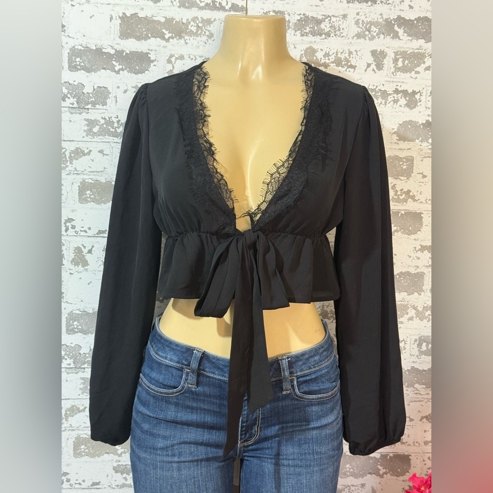 SHEIN Elegant Black Lace Tie-Front Blouse